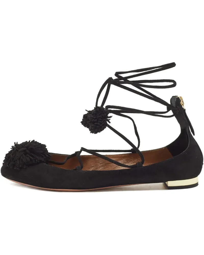 Aquazzura Pre-owned Ballerinas aus Wildleder mit Bommel - Schwarz Schwarz