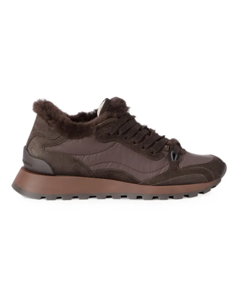 Brunello Cucinelli Laufschuhe aus Wildleder und technischem Stoff mit Shearlingfutter und Monili - Braun Braun