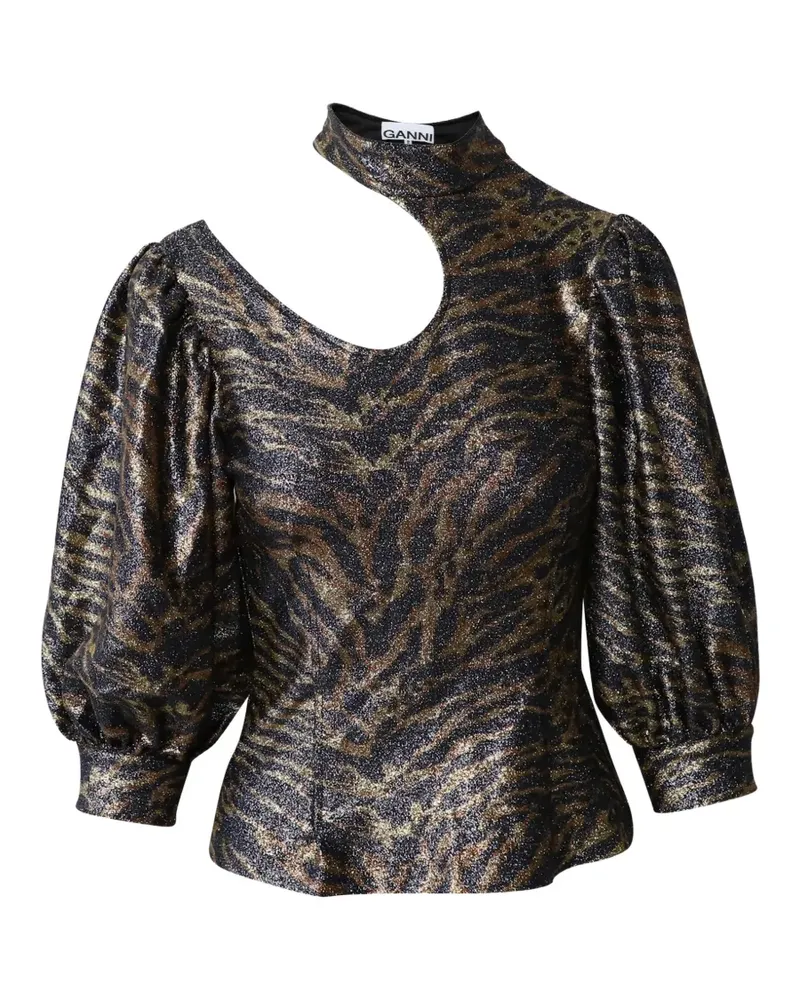 Ganni Tiger print puff sleeve blouse - Schwarz Schwarz