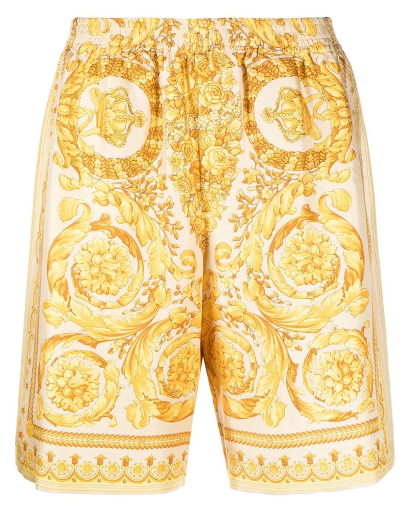 Versace Shorts aus Seide mit Barocco-Print Gelb