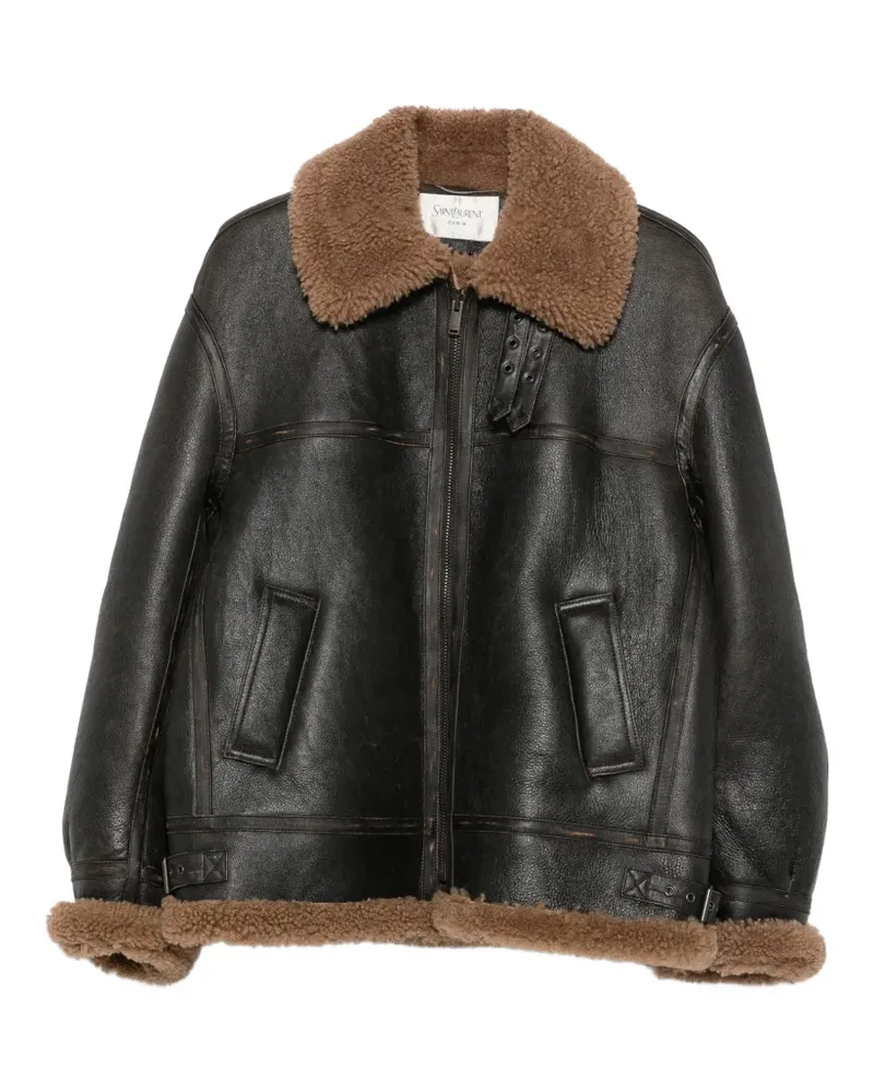Saint Laurent Lederjacke mit Besatz aus Shearling - Schwarz Schwarz