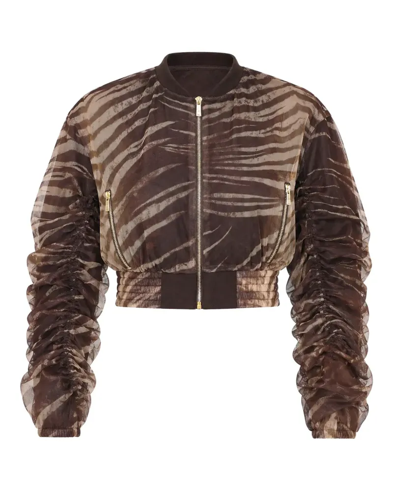 Just Cavalli zebra-print ruched-sleeve zip-up jacket - Braun Braun