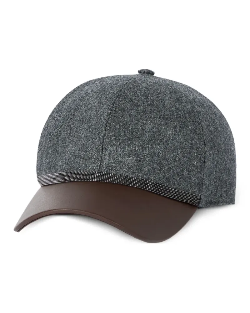Brunello Cucinelli Baseballkappe aus Schurwoll-Flanell und Nappaleder mit glänzendem Band - Grau Grau