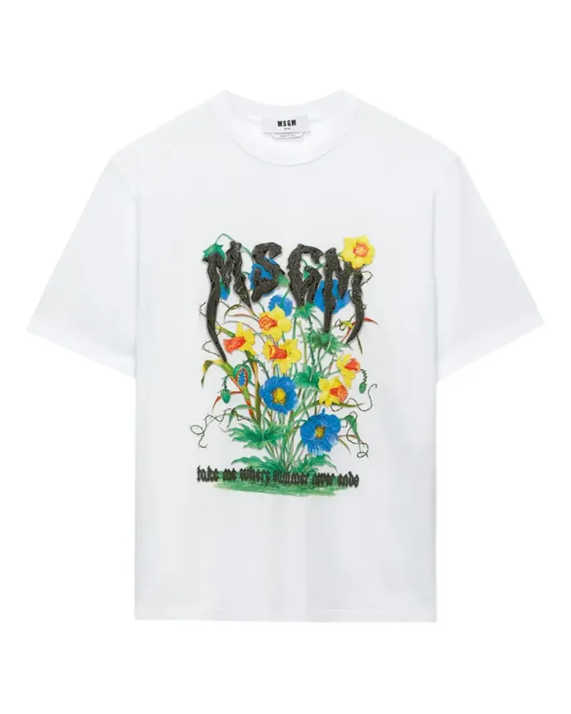 MSGM T-Shirt mit Blumeverzierung - Weiß Weiß