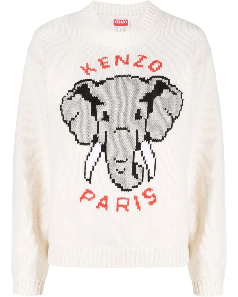 Kenzo Intarsien-Pullover mit Elefanten Weiß