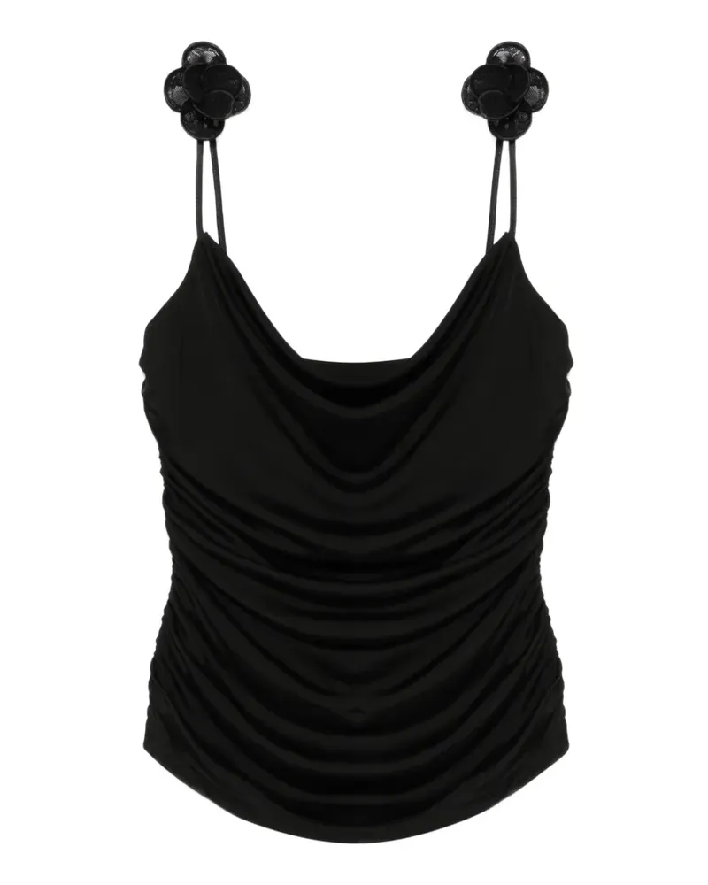 David Koma floral-applique gathered top - Schwarz Schwarz