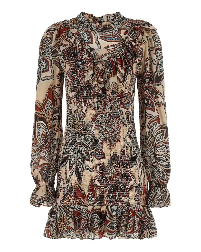 FARM Rio Gesmoktes Tapestry Kleid mit Rüschen - Mehrfarbig Mehrfarbig