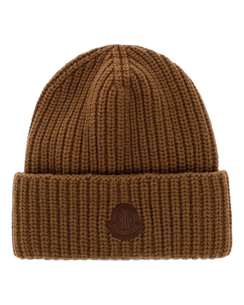 Moncler logo-patch ribbed-knit beanie hat - Braun Braun