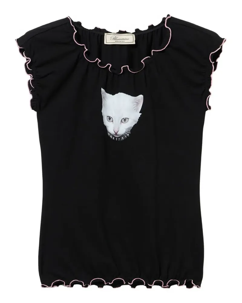 Blumarine Gerüschtes T-Shirt mit Katzen-Print - Schwarz Schwarz