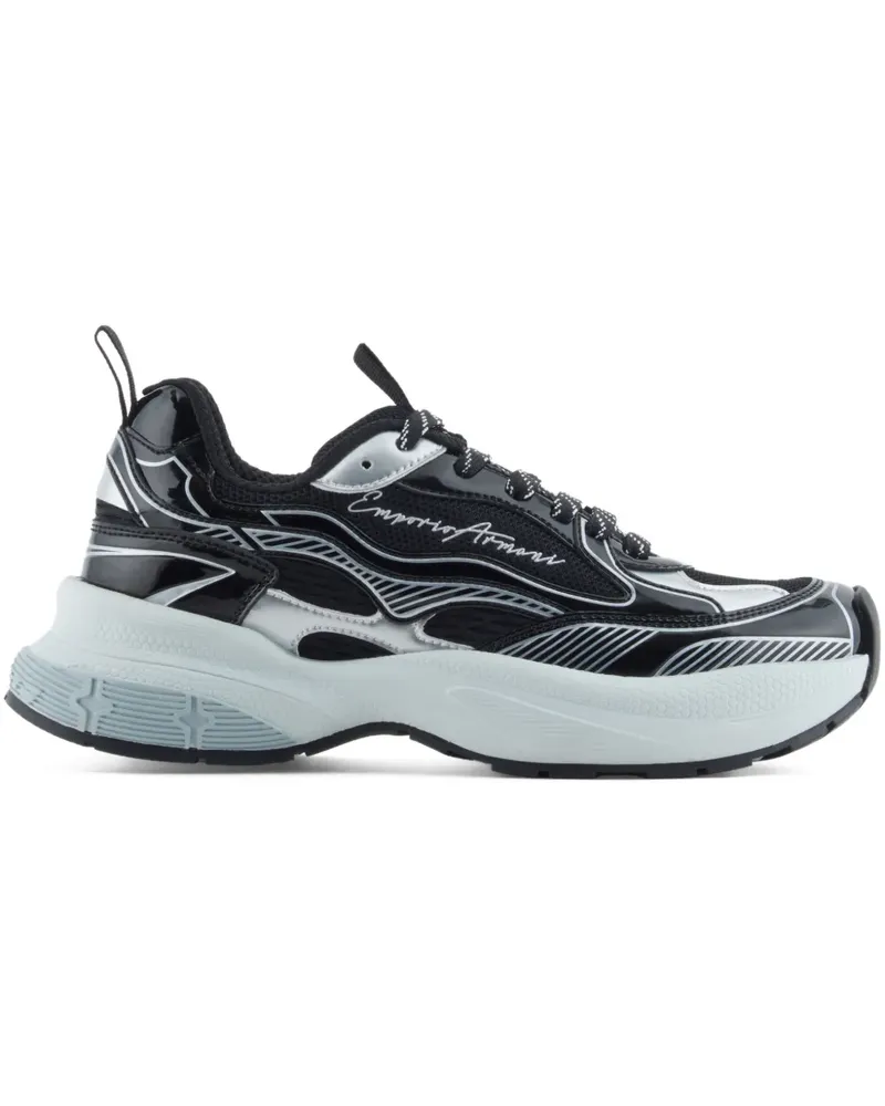 Emporio Armani Gestreifte Sneakers aus Lackleder - Schwarz Schwarz