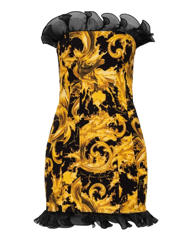 Versace Jeans off-shoulder ruffled-details baroque-print mini dress - Gold Gold