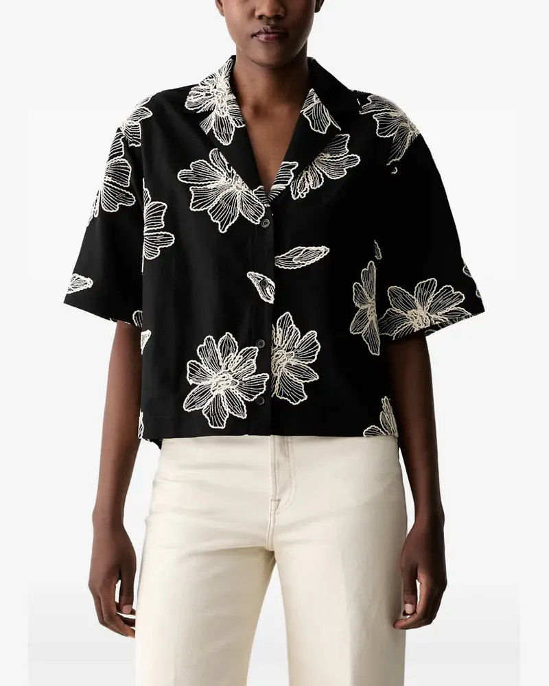 Sisley floral-embroidered short-sleeve shirt - Schwarz Schwarz