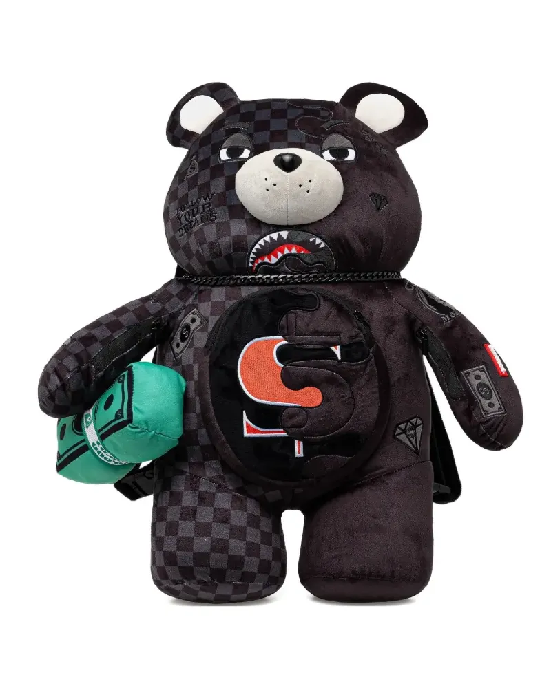 Sprayground Großer Unfinished Shark Teddy Rucksack mit Karo - Schwarz Schwarz
