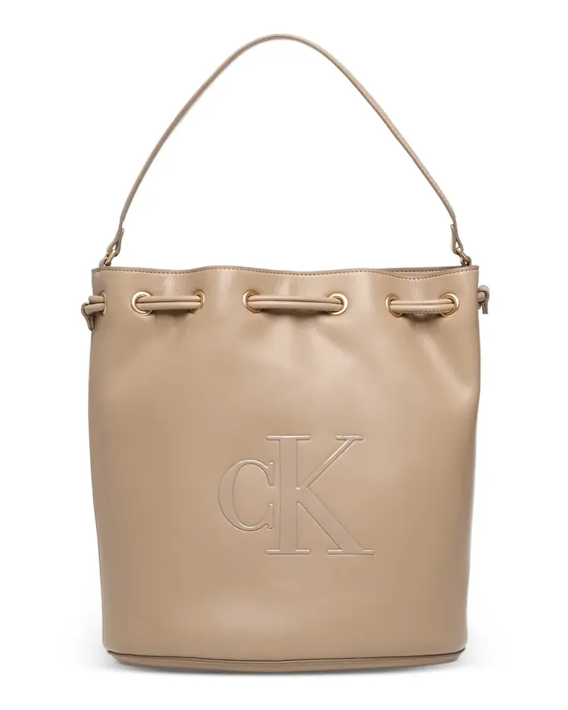 Calvin Klein large debossed-logo drawstring bucket bag - Nude Nude