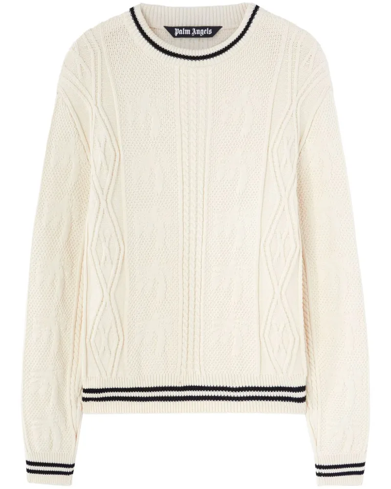 Palm Angels Zopfmuster-Pullover mit gebogenem Logo - Weiß Weiß