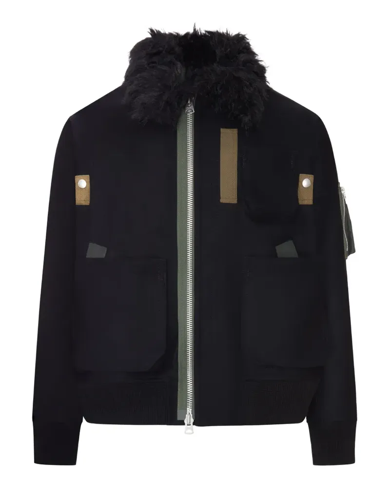 Sacai Melton Wolljacke mit Faux-Fur-Kragen - Schwarz Schwarz