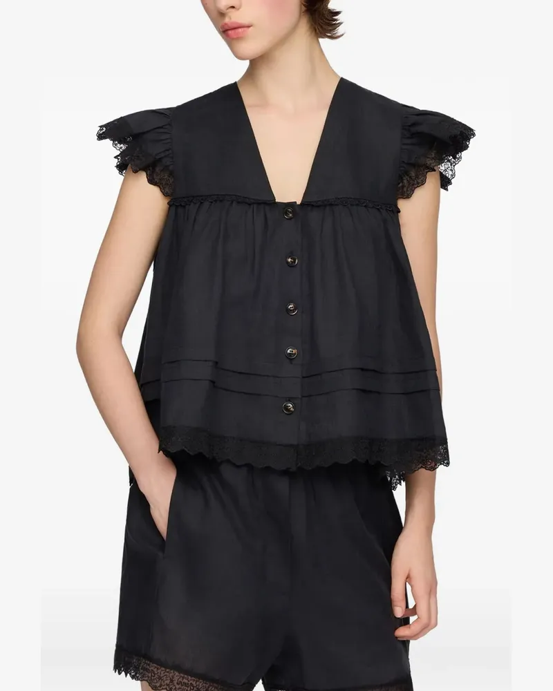 Ganni Bluse mit Rüschen und Spitze - Schwarz Schwarz