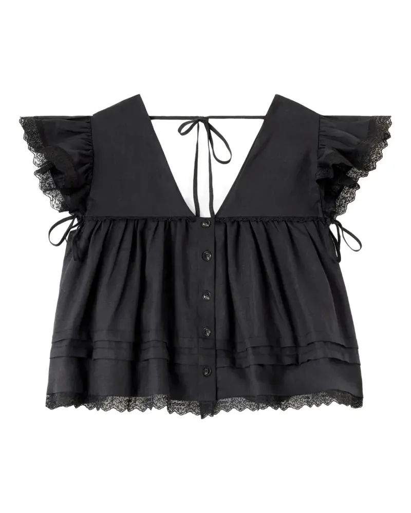 Ganni Bluse mit Rüschen und Spitze - Schwarz Schwarz