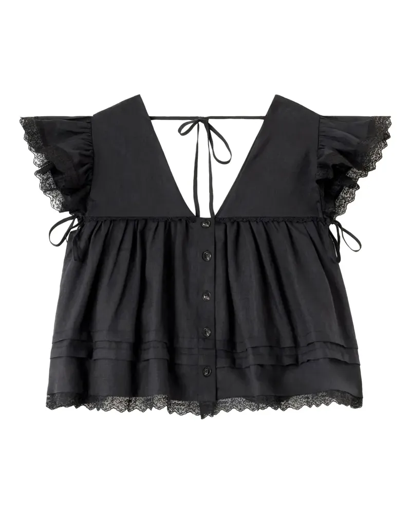Ganni lace-trimmed ruffled blouse - Schwarz Schwarz