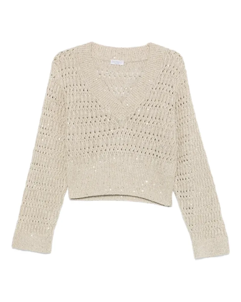 Brunello Cucinelli V-Ausschnitt-Pullover mit Lochmuster - Nude Nude