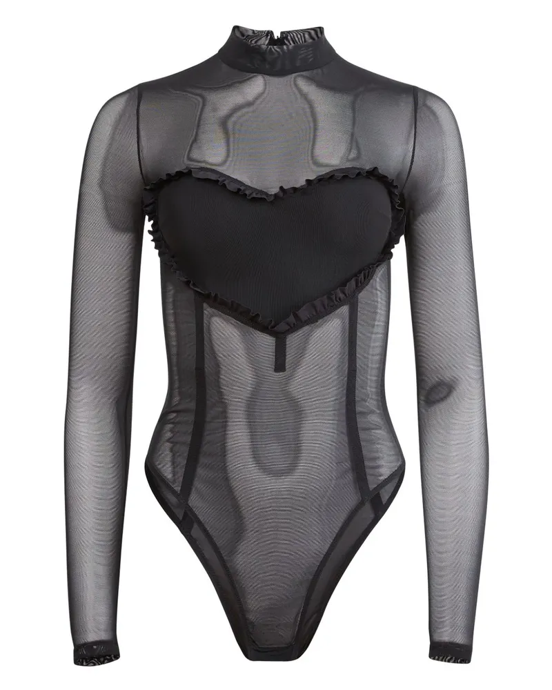 Fleur Du Mal Mesh-Body mit Rüschenherz - Schwarz Schwarz