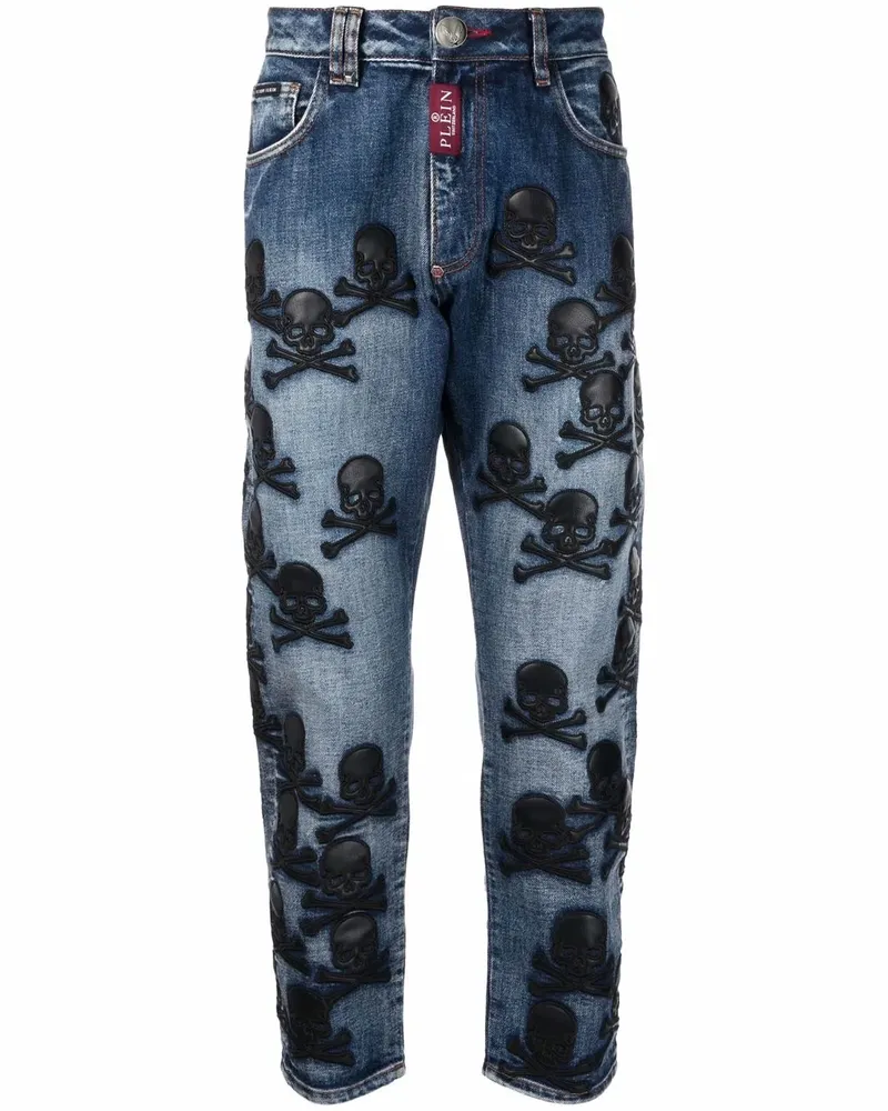 Philipp Plein Tapered-Jeans mit Totenkopf-Patch - Blau Blau