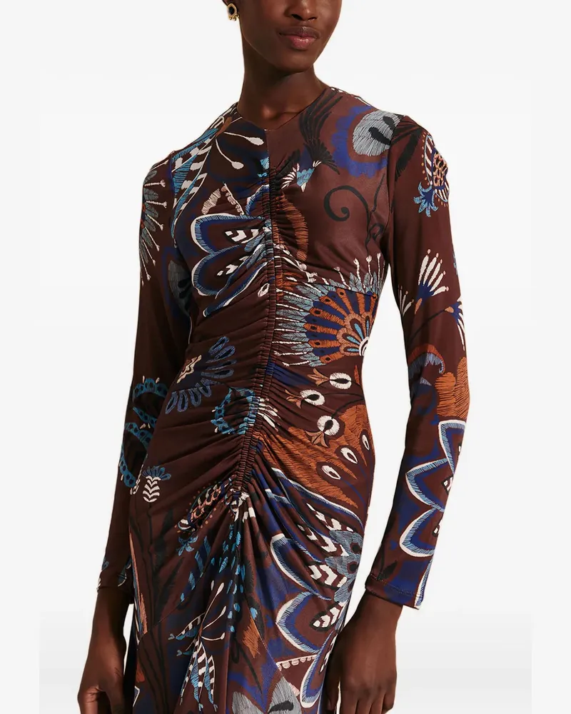 FARM Rio Gerafftes Midikleid mit Blumen-Print - Braun Braun