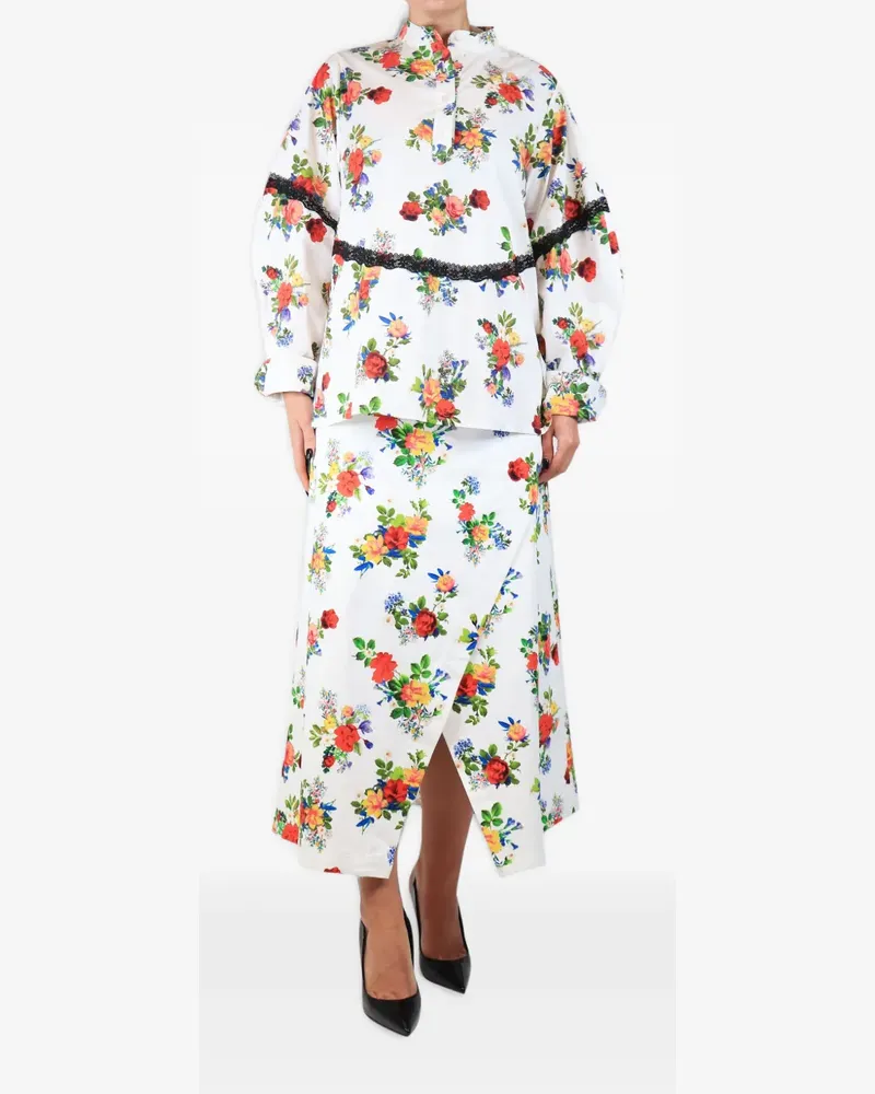 Kika Vargas floral-print lace-trim shirt and skirt set suit - Weiß Weiß