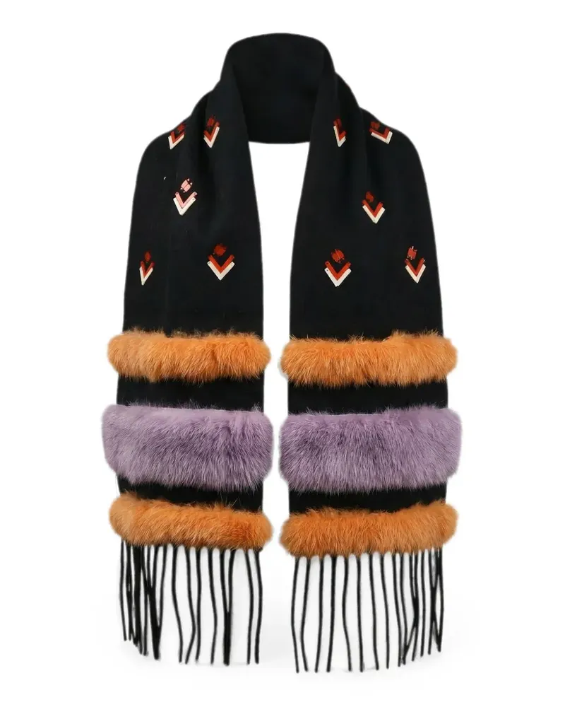 Valentino Garavani Schal mit geometrischem Muster und Faux Fur-Besatz - Schwarz Schwarz