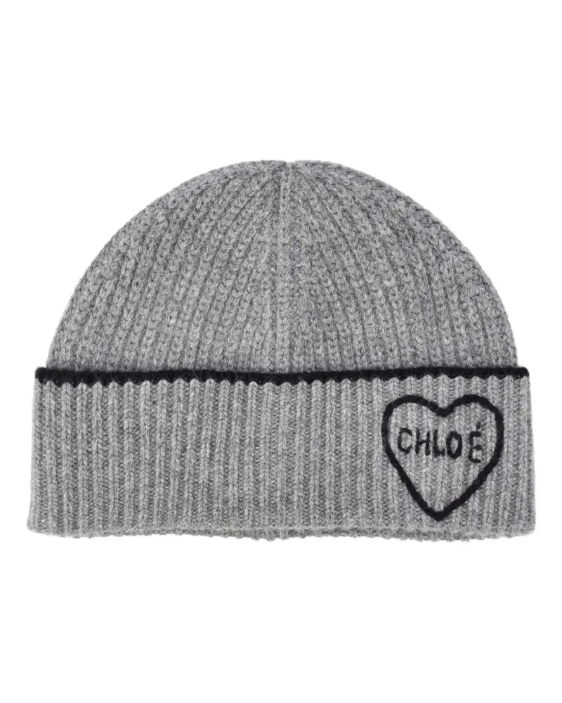 Chloé ribbed heart-motif beanie hat - Grau Grau