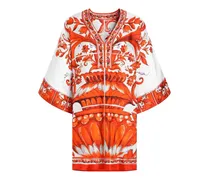 Kurzes Kimono-Kleid aus Twill mit Majolika-Print - Weiß