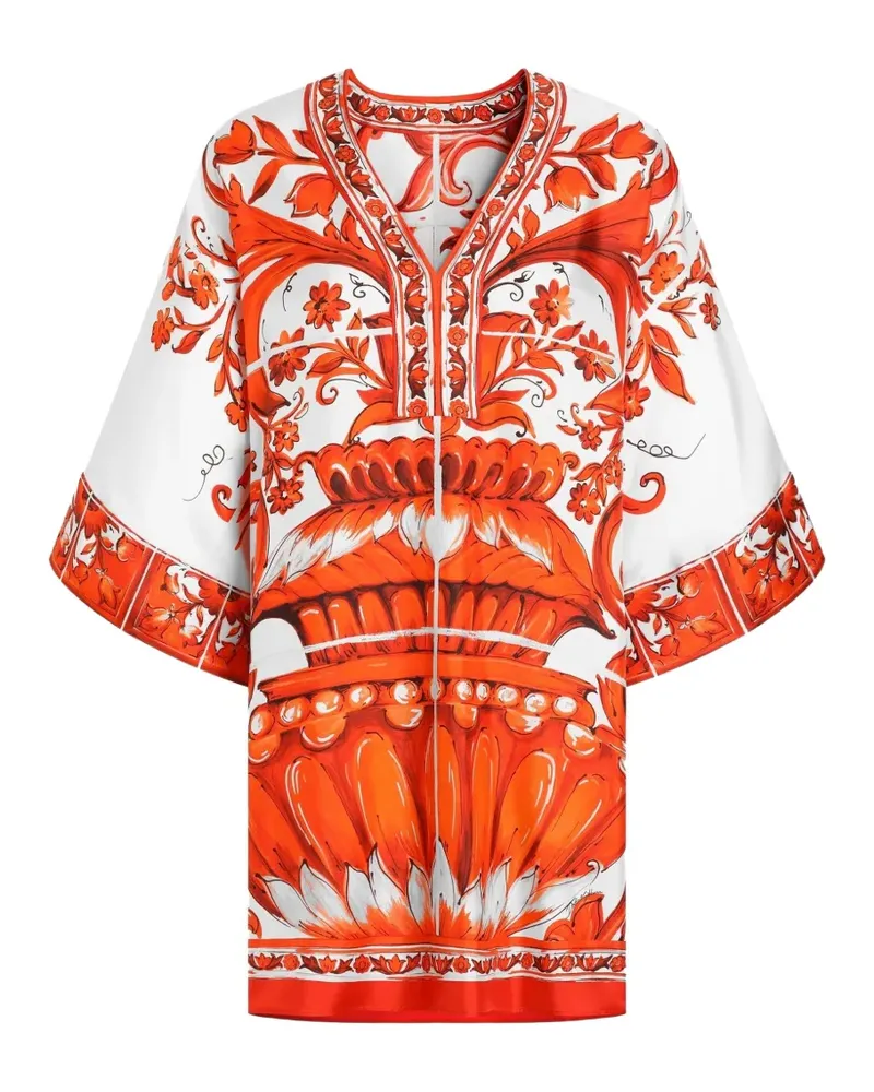 Dolce & Gabbana Kurzes Kimono-Kleid aus Twill mit Majolika-Print - Weiß Weiß