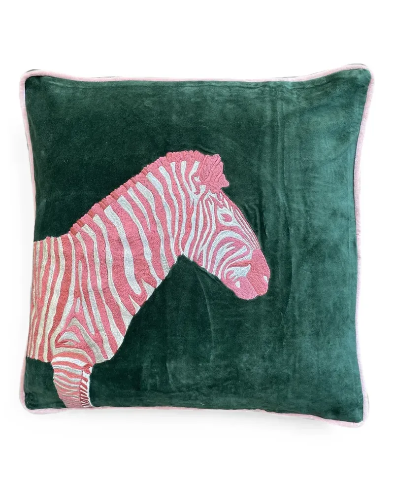 Les-Ottomans zebra-embroidered velvet cushion - Grün Grün