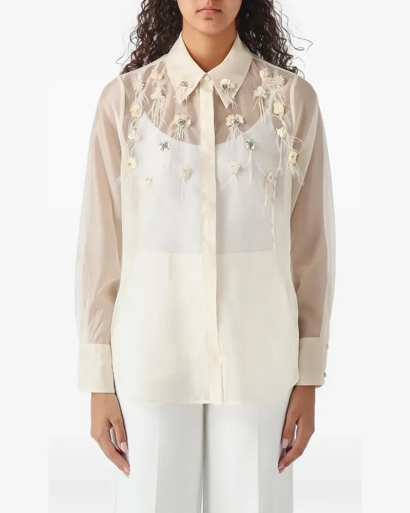NENETTE Fringed floral-embellished sheer shirt - Nude Nude