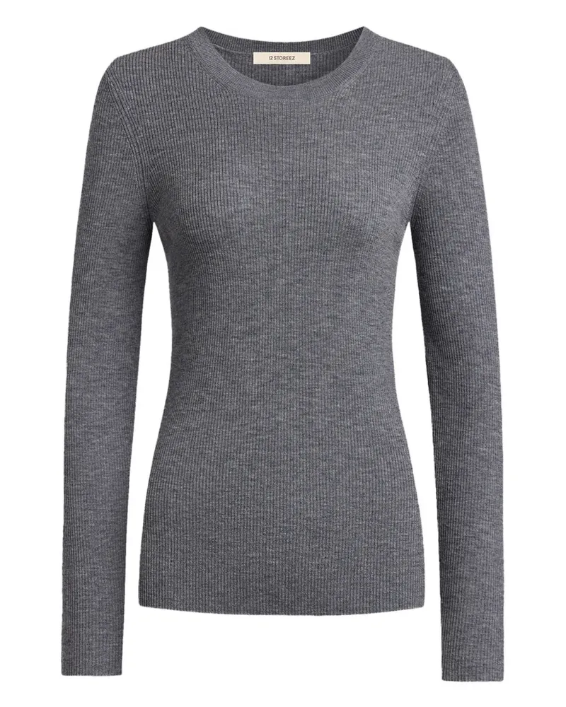 12 STOREEZ Gerippter Merino-Pullover - Grau Grau