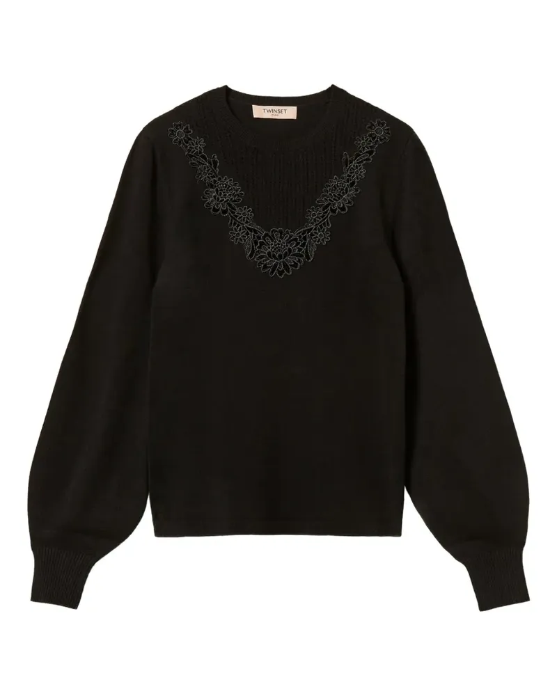 Twin-Set Pullover mit Makramee-Spitzeneinsatz - Schwarz Schwarz