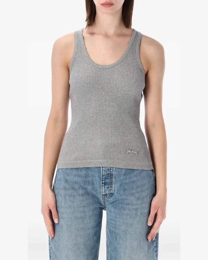 Ganni ribbed-knit logo-embellished tank top - Grau Grau