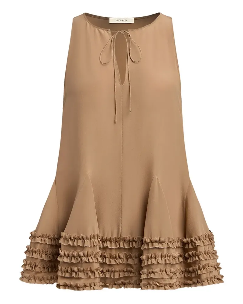 12 STOREEZ Gerüschtes Minikleid mit Schlüsselloch - Braun Braun