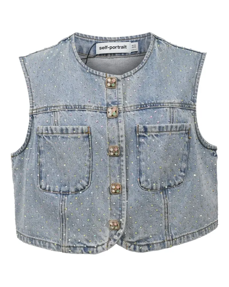 Self-Portrait rhinestone button-up denim top - Blau Blau