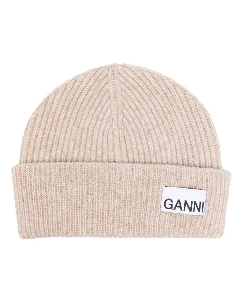 Ganni Gerippte Beanie mit Logo-Patch - Nude Nude