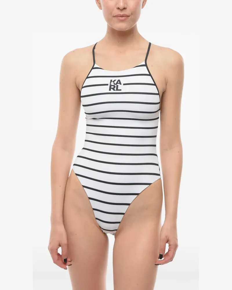 Karl Lagerfeld Gestreifter Badeanzug mit Logo-Print - Weiß Weiß