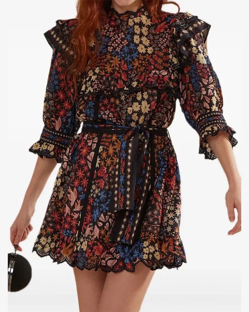 FARM Rio Gerüschtes Jujus Garden Minikleid mit Blumen-Print - Schwarz Schwarz