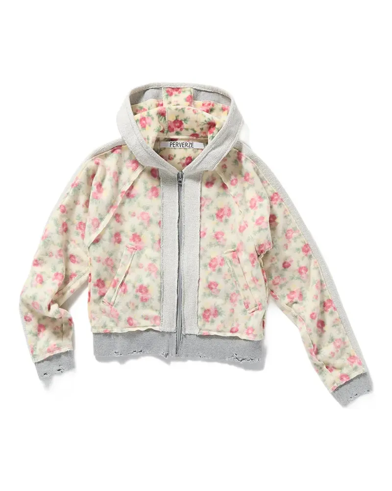 PERVERZE floral-print distressed zip-up hoodie - Nude Nude