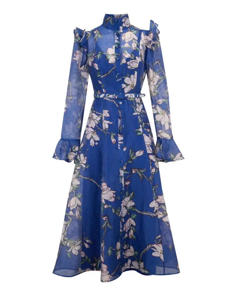 LEO LIN Katrina ruffled-detail floral midi dress - Blau Blau