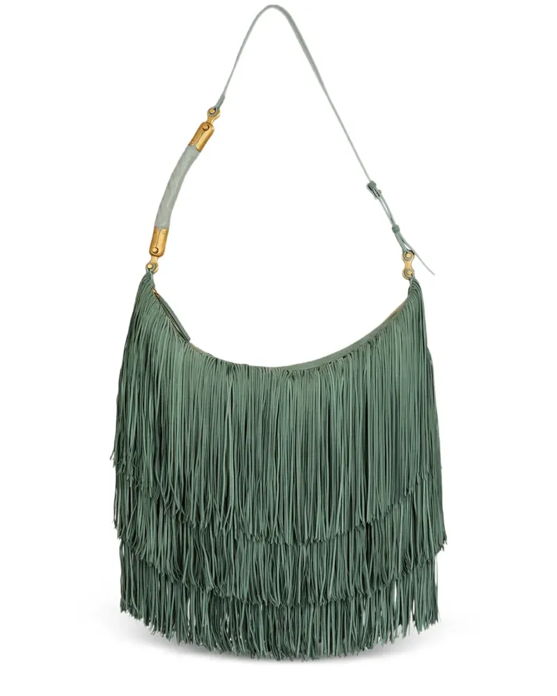 Balmain Große Ébène Tasche aus Wildleder mit Fransen - Grün Grün