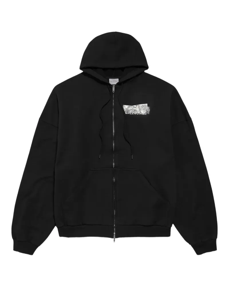 Balenciaga silver-tape -back large zip-up hoodie in black - Schwarz Schwarz