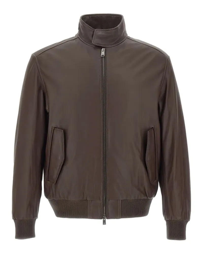 HUGO BOSS padded leather jacket with stand collar - Braun Braun