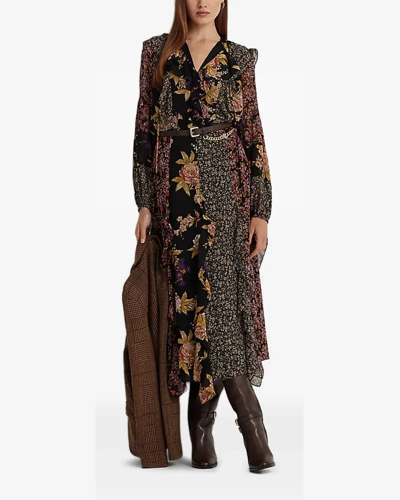 Ralph Lauren Gerüschtes Midikleid mit Blumen-Print - Schwarz Schwarz