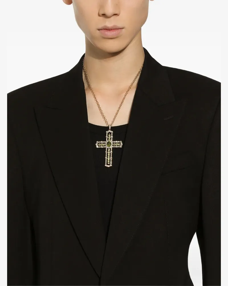 Dolce & Gabbana 18kt Cross Gelb- und Weißgoldanhänger mit Peridot und Diamant Gold