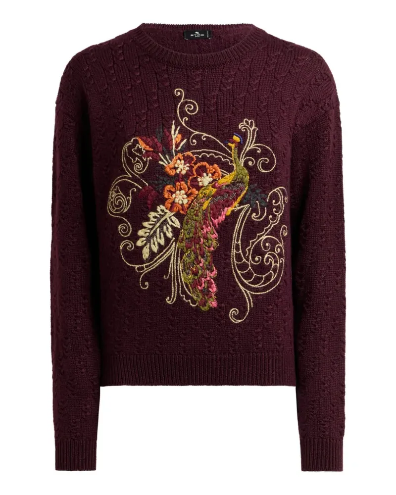 Etro cropped cable-knit cashmere-blend sweater with peacock embroidery - Rot Rot